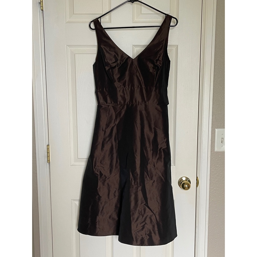 Ann Taylor Satin Cocktail Dress Womens Size 6 Brown V Neck Bow Back Formal Party - Picture 2 of 16
